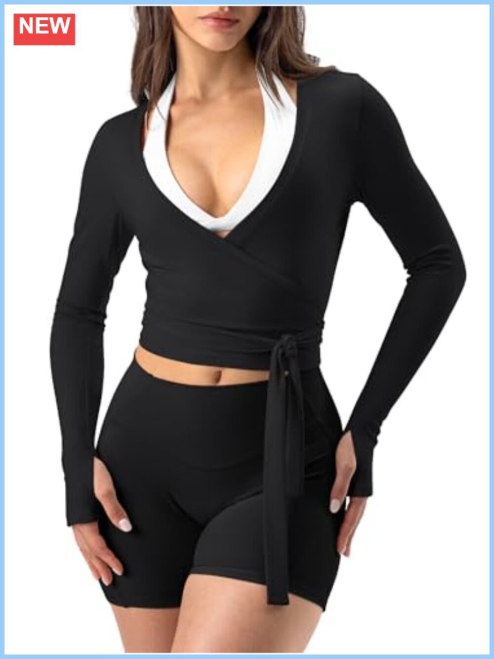 Women's Pilates Wrap Top Long Sleeve Tie Dance Shirt with Thumb Holes